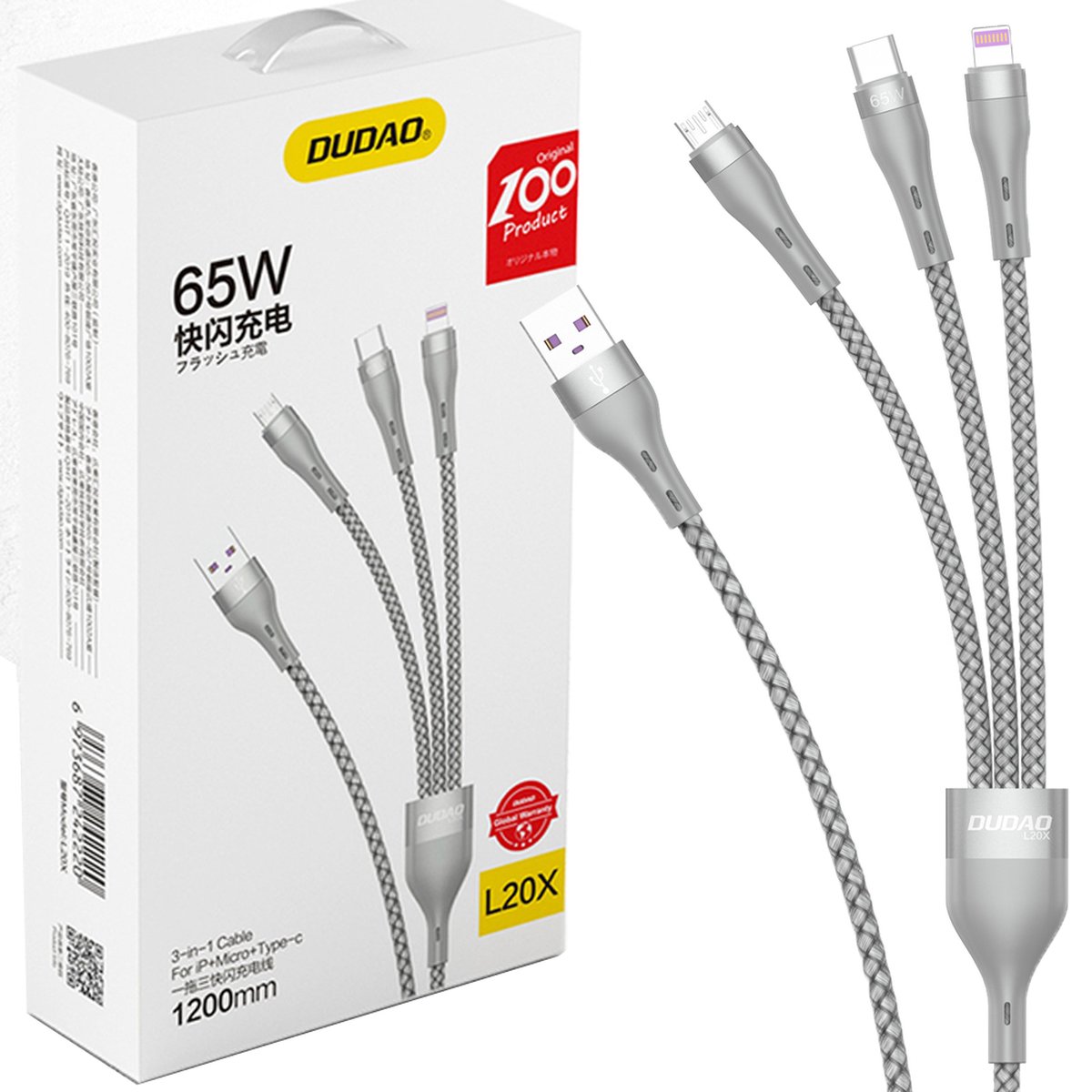 Dudao L20X 3in1 USB cable - Lightning / microUSB / USB Type C 65W 1.2m - Gray