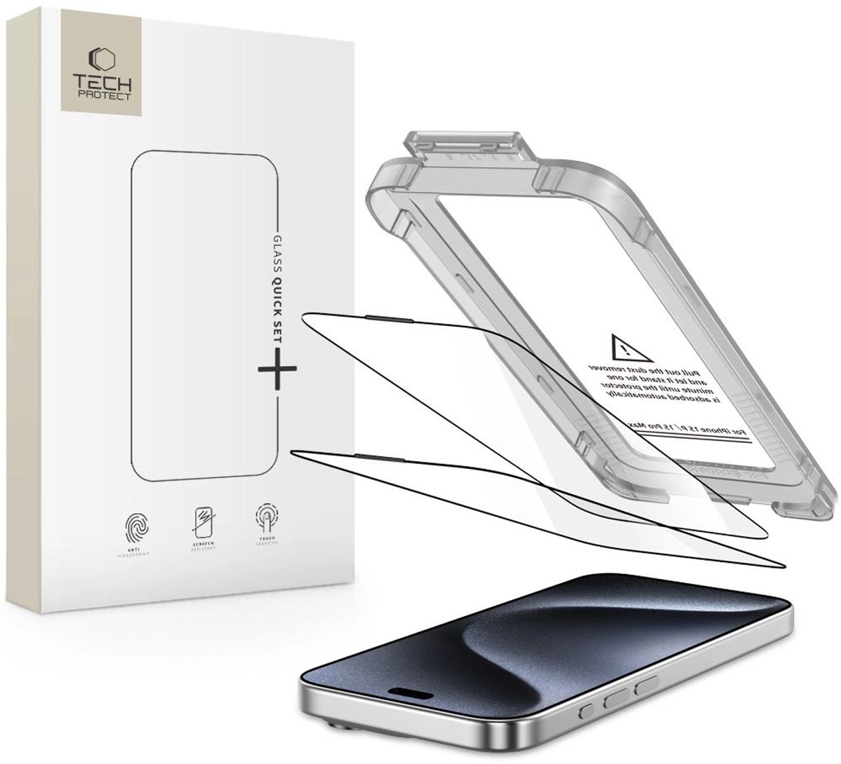 Tech-Protect Quick Set+ 2-pack Tempered Glass Screen Protector for iPhone 15 Pro - Black