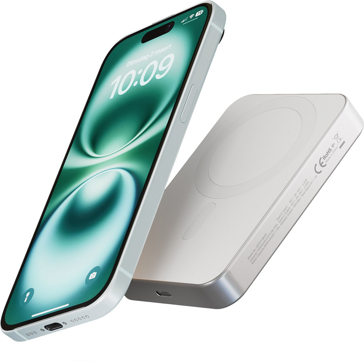 ZENS Slim Qi2 Aluminium Powerbank 10.000 mAh - White - 10000 mAh