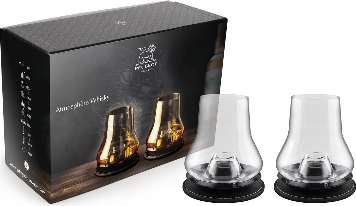 Peugeot Atmosphere 2 Whisky tasting sets with matte black chilling bases