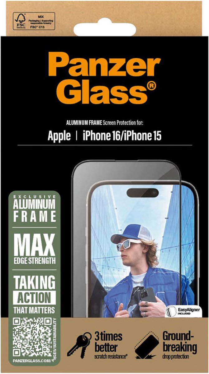 PanzerGlass Screen Protector Aluminum Frame iPhone 16 | Ultra-Wide Fit