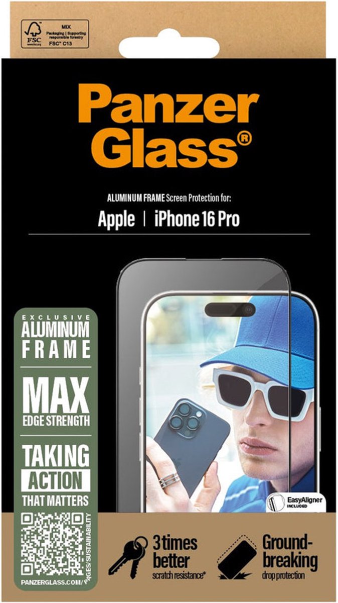 PanzerGlass Screen Protector Aluminum Frame iPhone 16 Pro | Ultra-Wide Fit