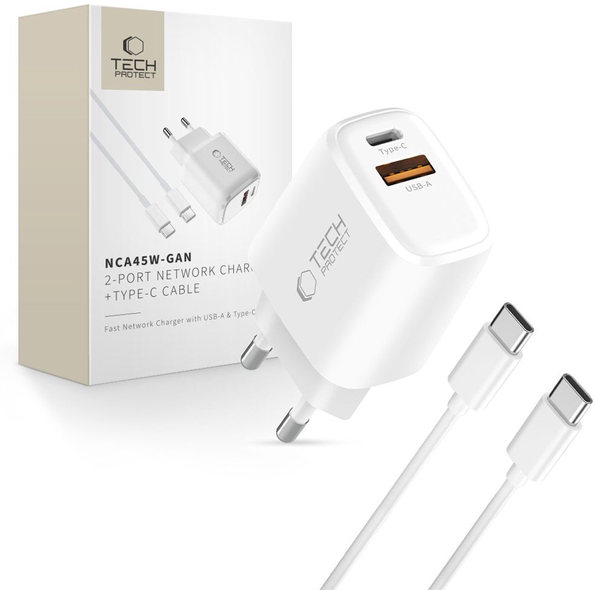 Tech-Protect NCA45W-GAN 2-Port 45W AC Charger with USB-C Cable - White