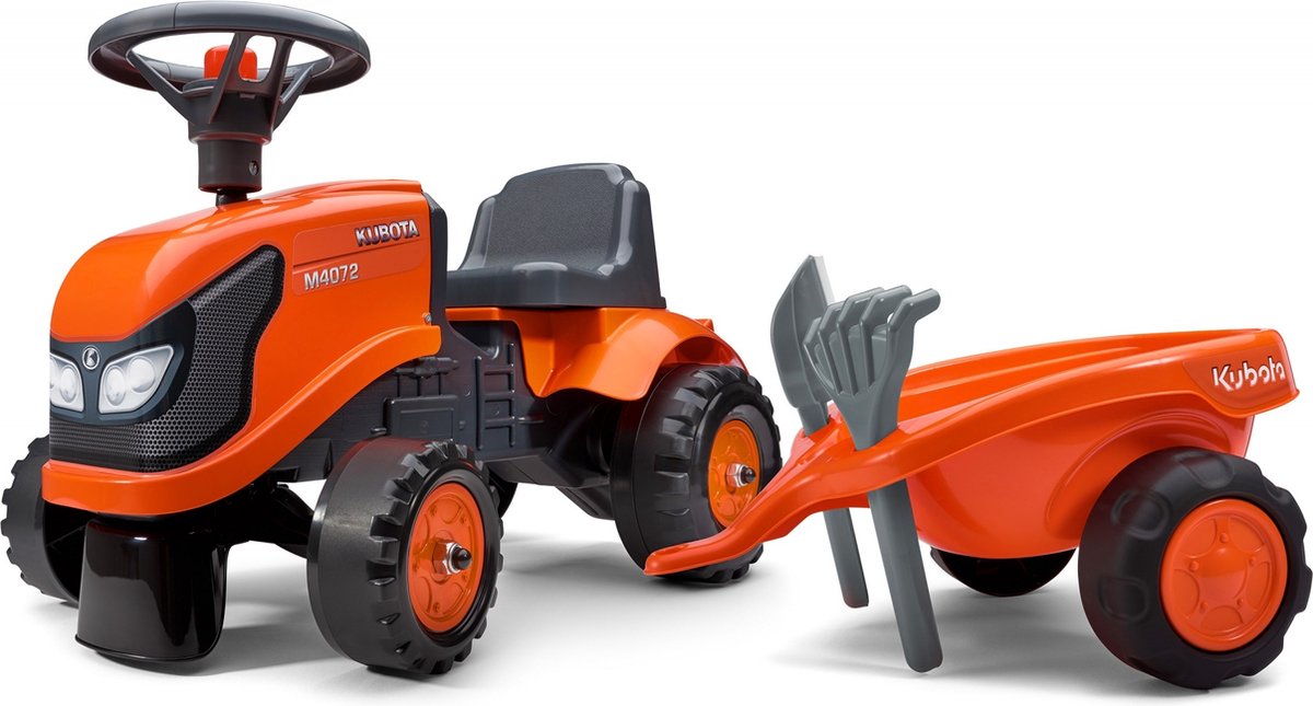 Orange Traktor med trailer, rive og skovl Baby Kubota