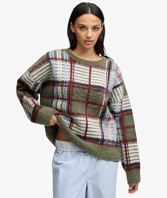 Superdry Damen Karierter Pullover mit Lockerer Passform Green - Größe: 38