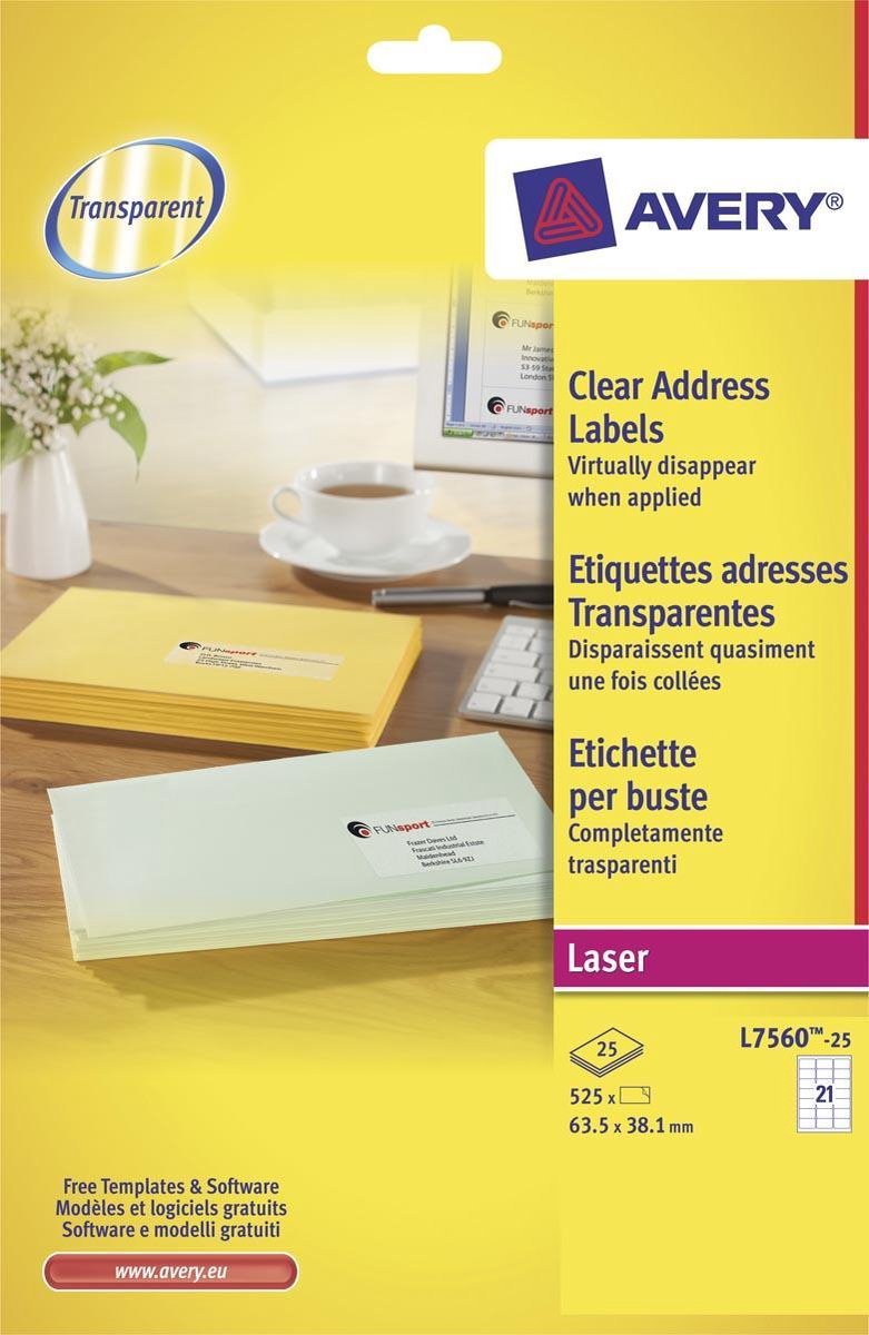 Avery Adresseetiketter, 63,5 x 38,1 mm, 525 Etiketter, Transparent