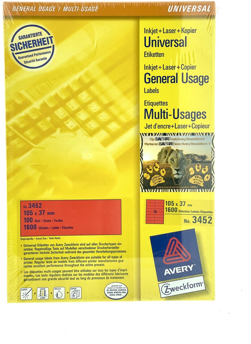 Avery Farvede etiketter, 105 x 37 mm, 1.600 Etiketter, Rød