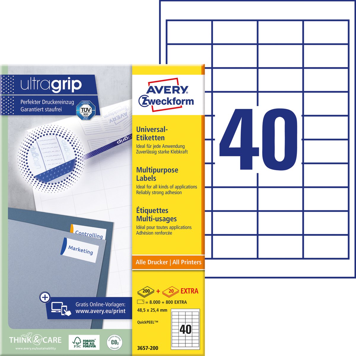Avery Universaletiketter til generelle formål, 48,5 x 25,4 mm, 4.000 Etiketter, Hvid