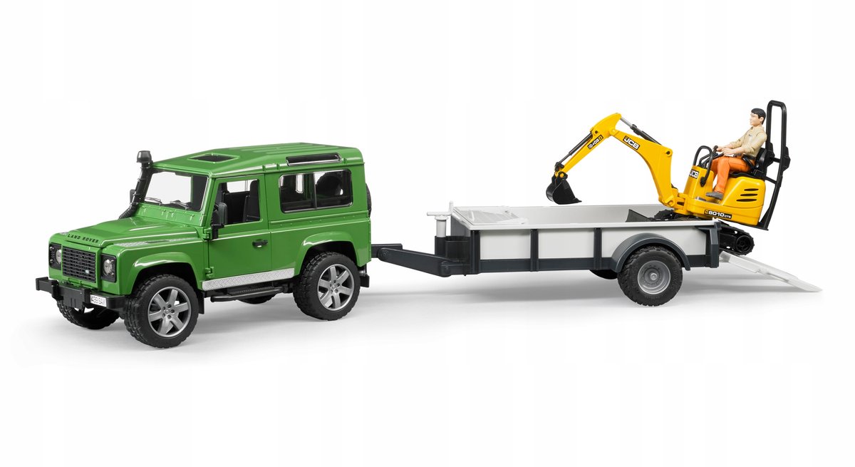 Bruder Land Rover Defender one axle trailer, JCB micro excavator + worker