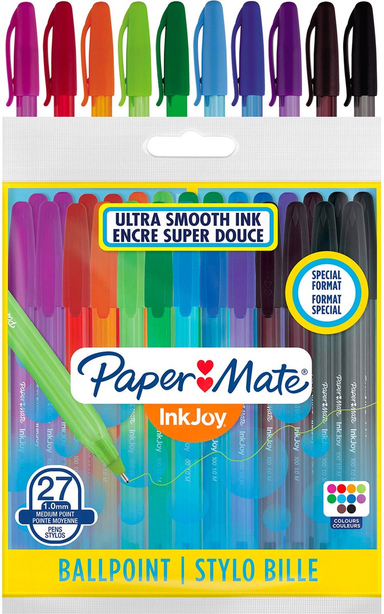Paper Mate InkJoy 100ST Kuglepenne | Medium Spids (1,0 mm) | Assorterede Sjove Farver | 27 Stk