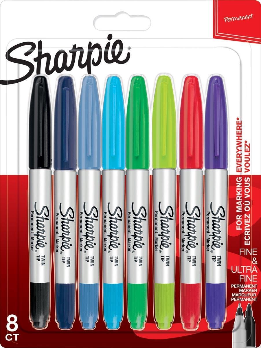 Sharpie Twin Tip Permanent Markers | Fin og meget fin spids | Forskellige farver | 8 styk