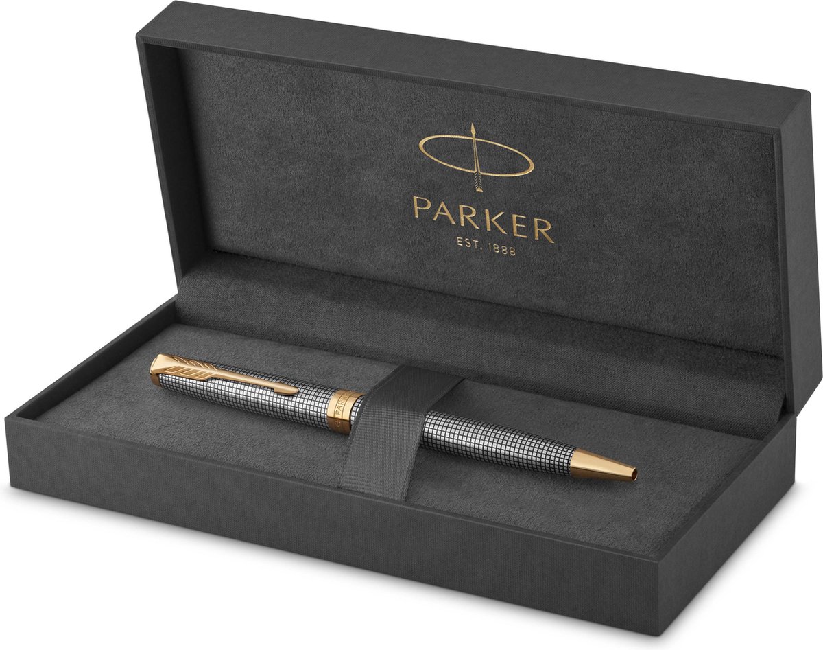Parker Sonnet-kuglepen | mejslet sølv med detaljer i guld | medium spids sort blæk | gaveæske