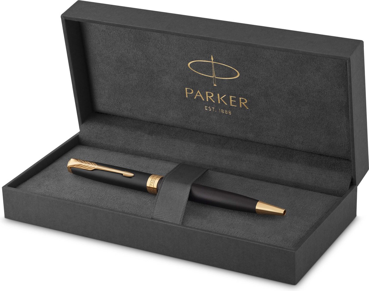 Parker Sonnet-kuglepen | matsort lak med detaljer i guld | medium spids sort blæk | gaveæske
