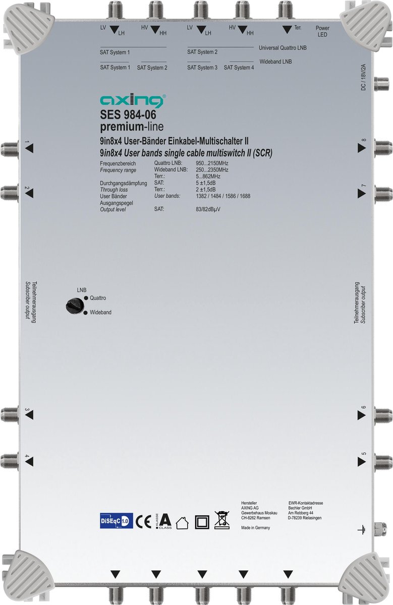 Axing SES 984-06 Commutateur multiple SAT Unicable Entrées (commutateur multiple): 9 (8 SAT/1 terrestre) Nombre dabonnés: 8
