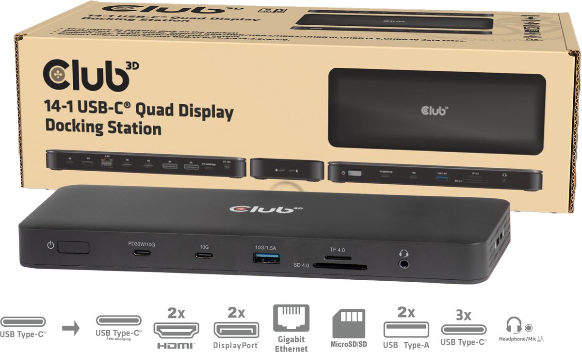 club3D Station daccueil USB-C® CSV-2540 lecteur de cartes intégré, alimentation USB-C®