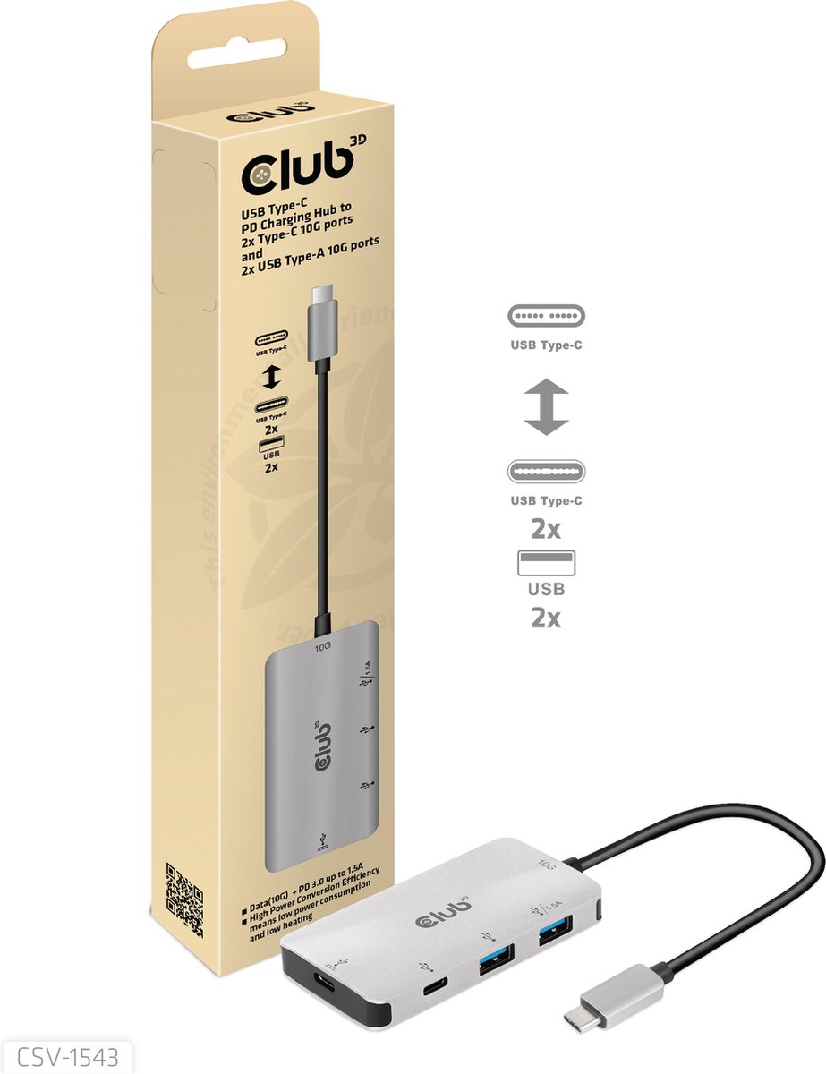 club3D USB 3.0 Adaptateur [1x USB-C® mâle - 2x USB-C®, USB 3.2 Gen 2 (USB 3.1)] Adapter USB 3.1 Typ C 0 mm