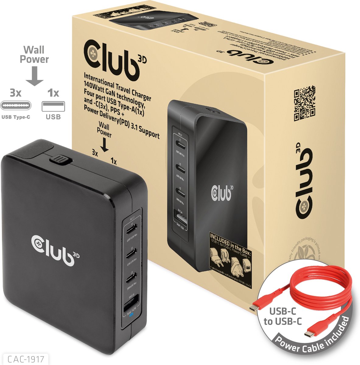 club3D CAC-1917 Station de charge USB 140 W 1x USB-A, 3x USB-C® Power Delivery noir intérieure GaN