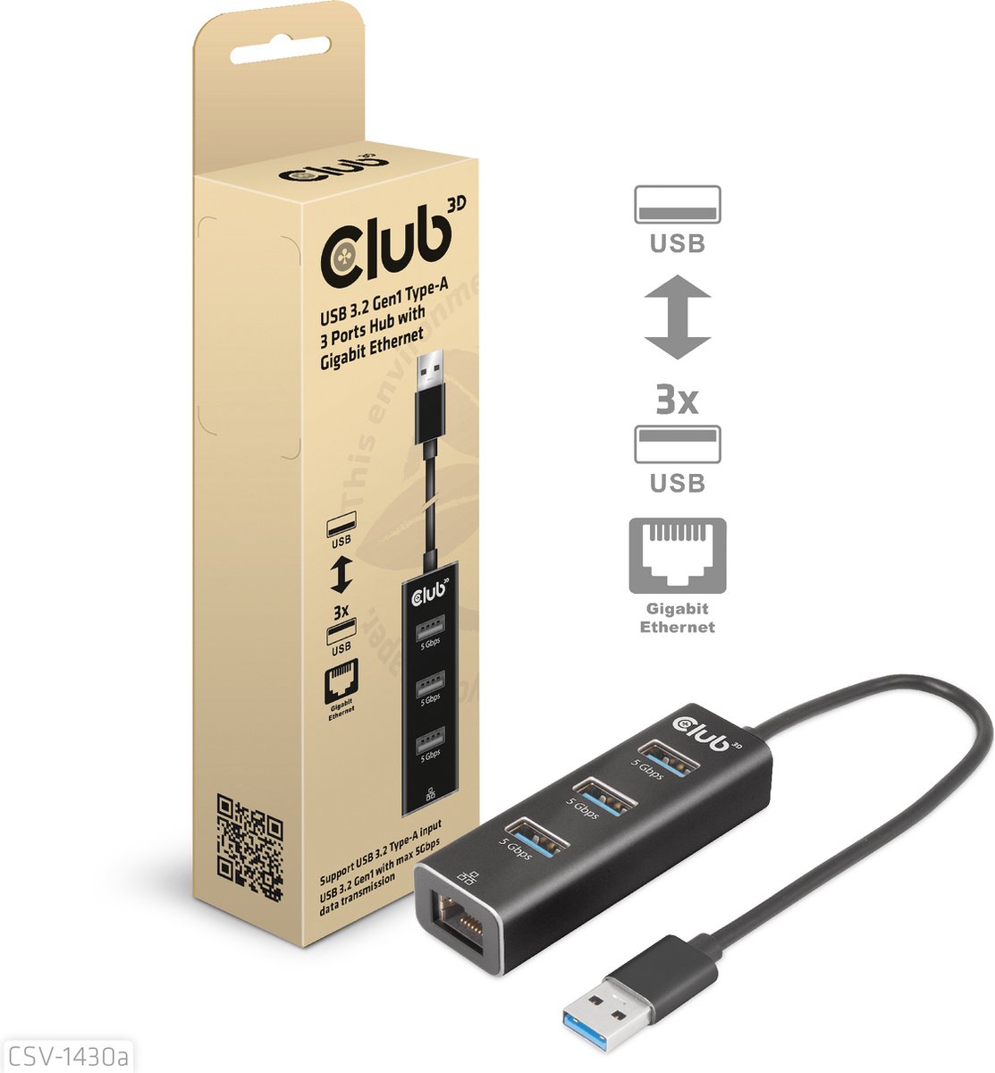 club3D CSV-1430A USB 3.0 / RJ45 Adaptateur noir 18 cm