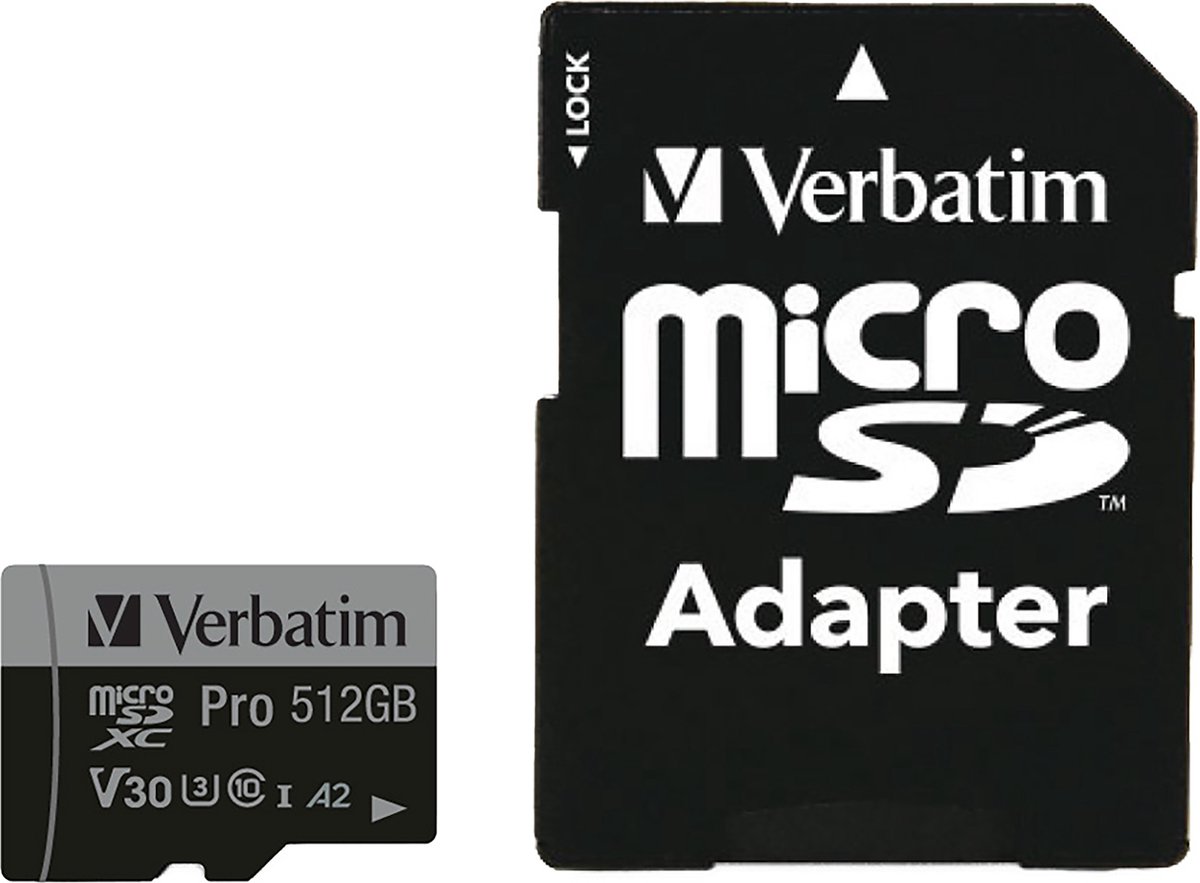 Verbatim Pro Carte microSDXC 512 GB UHS-Class 3 compatibilité vidéo 4K, Standard de puissance A2, avec adaptateur SD, résistance aux chocs, étanche