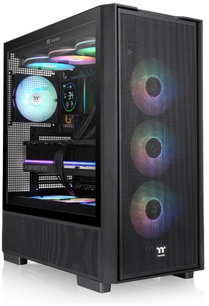 Tour midi Thermaltake S380 TG ARGB Black Boîtier PC noir fenêtre latérale, éclairage intégré, 2 ventilateurs LED pré-installés