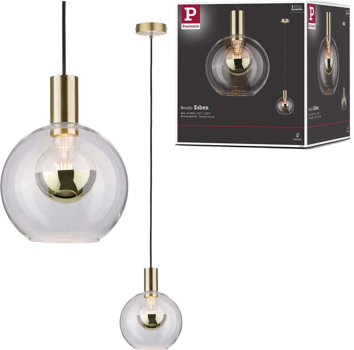Paulmann Esben 79725 Luminaire à suspendre LED E27 20 W transparent, laiton (brossé)