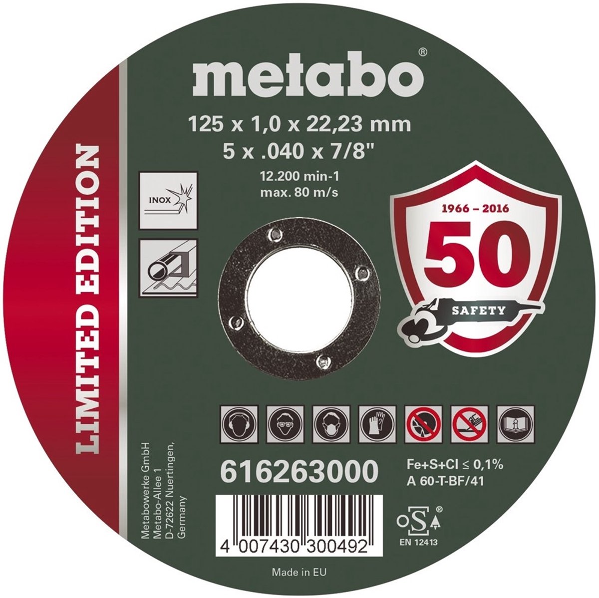 Metabo 616263000 Disque à tronçonner 125 mm 100 pc(s) acier inoxydable