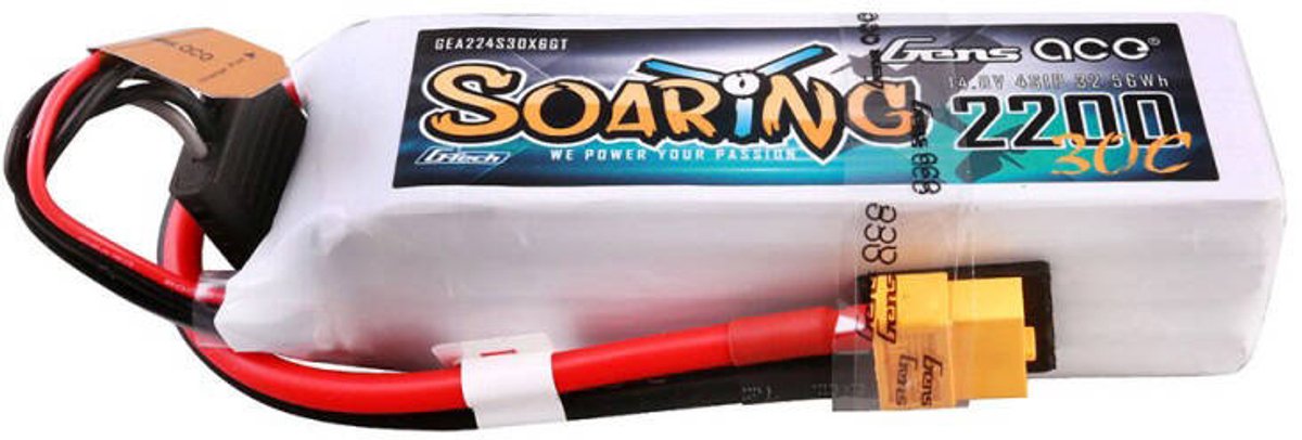 Gens ace &Tattu G-Tech Soaring 2200mAh 14.8V 30C 4S1P Lipo Battery Pack with XT60 plug
