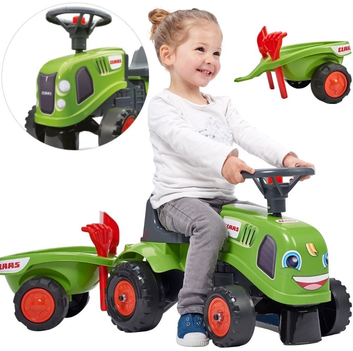 Falk Traktor med trailer, rive og skovl Baby Claas