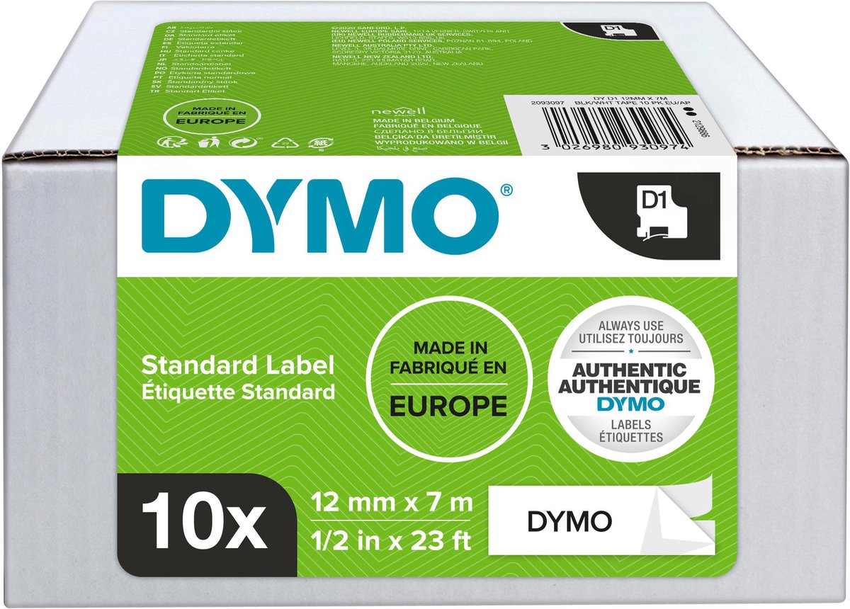 DYMO D1® tape | sort/hvid | 12mm x 7m | 10 ruller