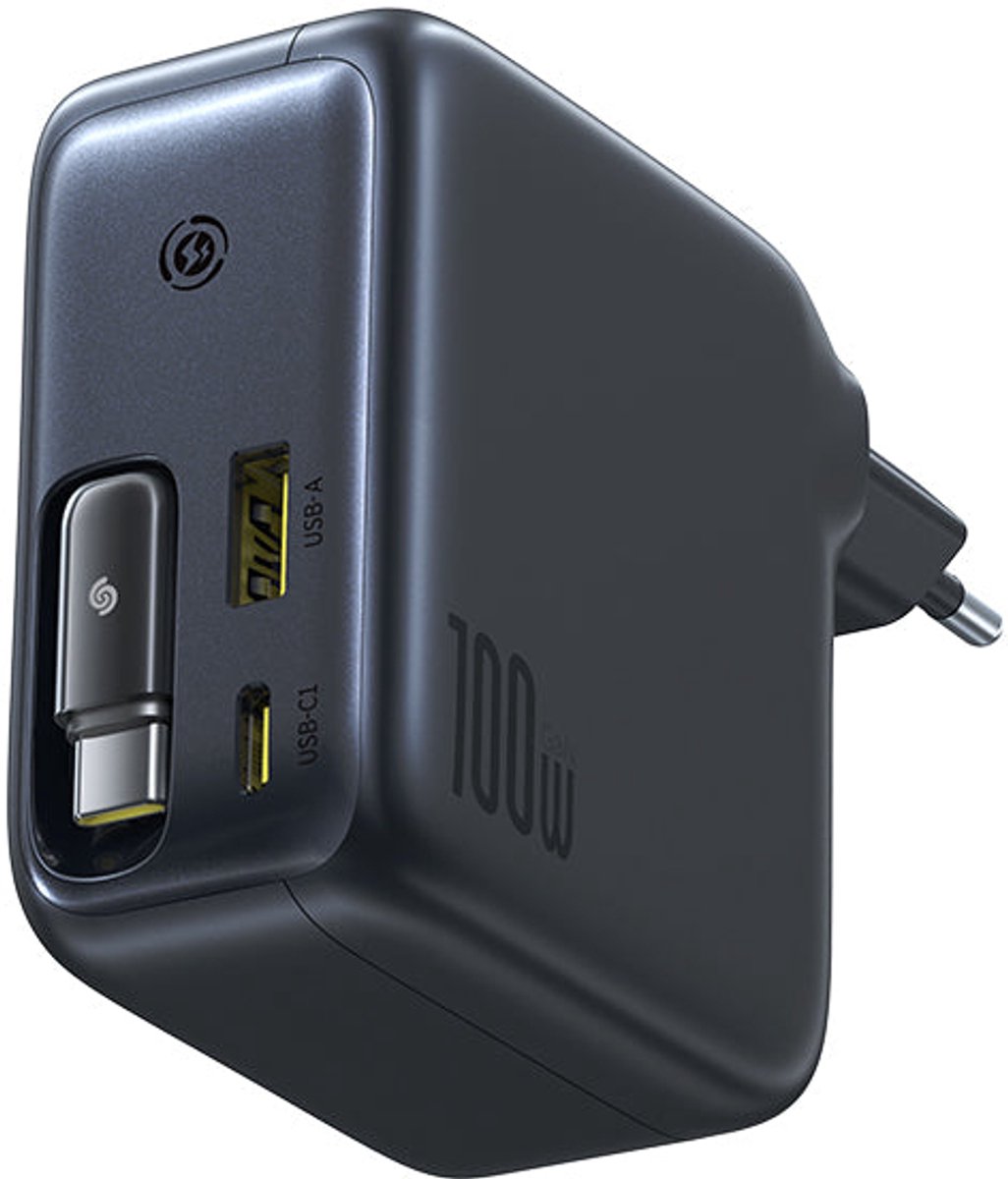 Baseus EnerCore CJ11 100W Wall Charger with USB-A and USB-C Ports and Retractable USB-C Cable - Black