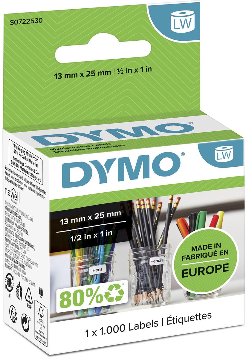 DYMO LabelWriter små multifunktionelle etiketter | 13mm x 25mm | 1 rulle x 1000 stk
