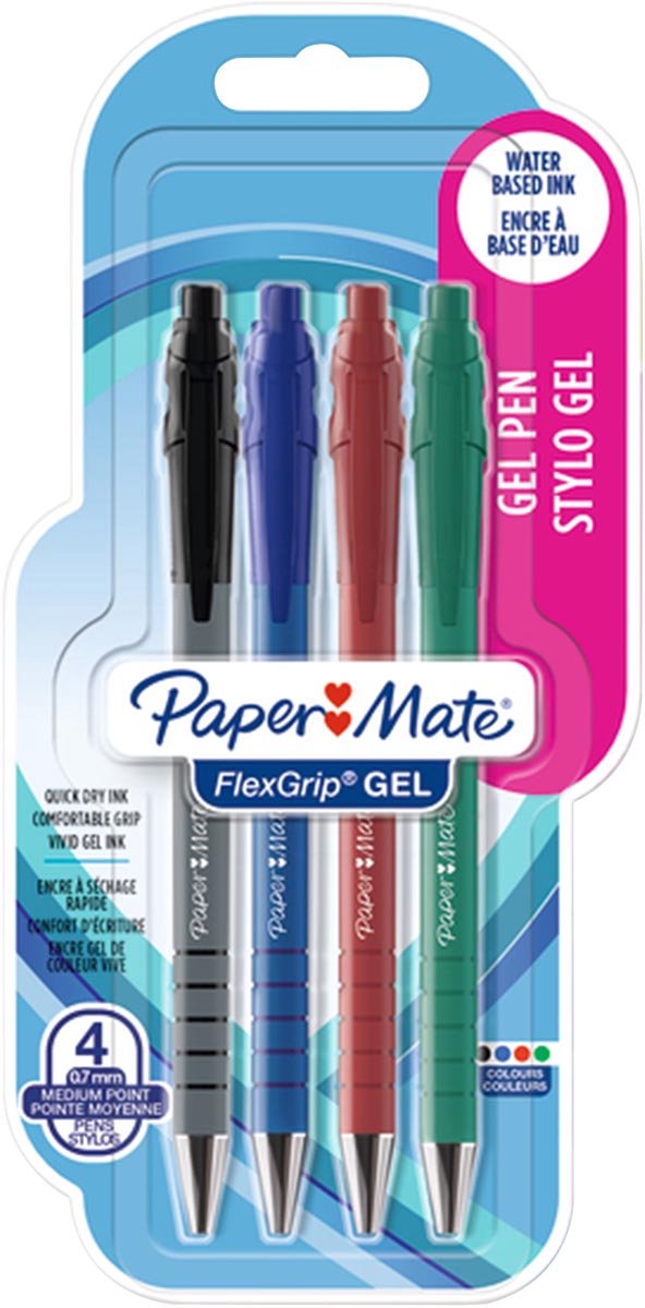 Paper Mate Flexgrip Gel Pens | 0,7 mm | Sort, blåt, rødt og grønt blæk | 4 styk