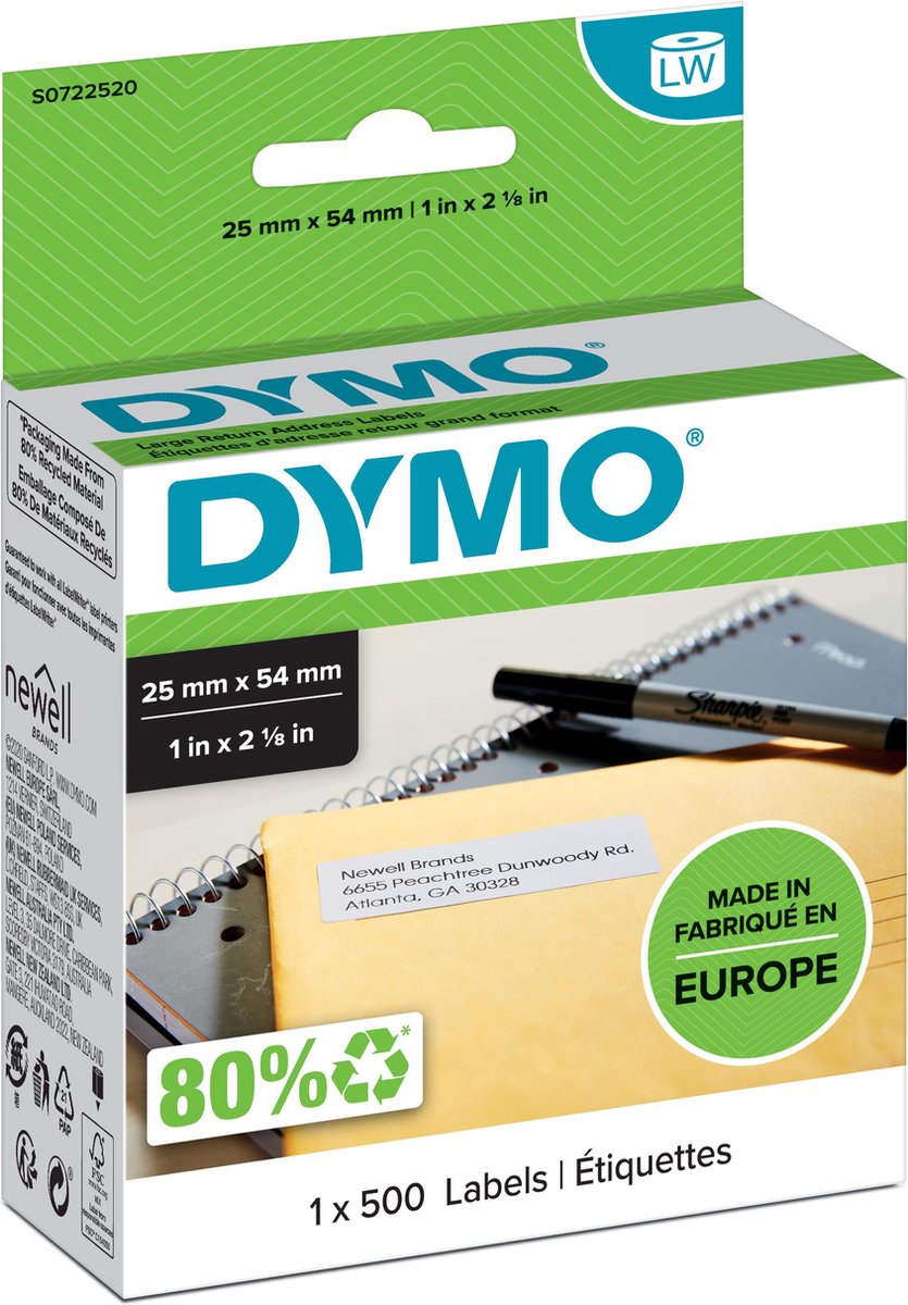 DYMO LabelWriter store retur adresse etiketter | 25mm x 54mm | rulle x 500 stk