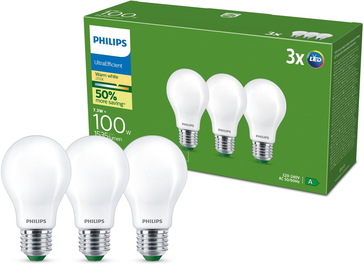 Philips LED pære Ultra Efficient A60 7,3W/827 (100W) Mat 3-pak E27