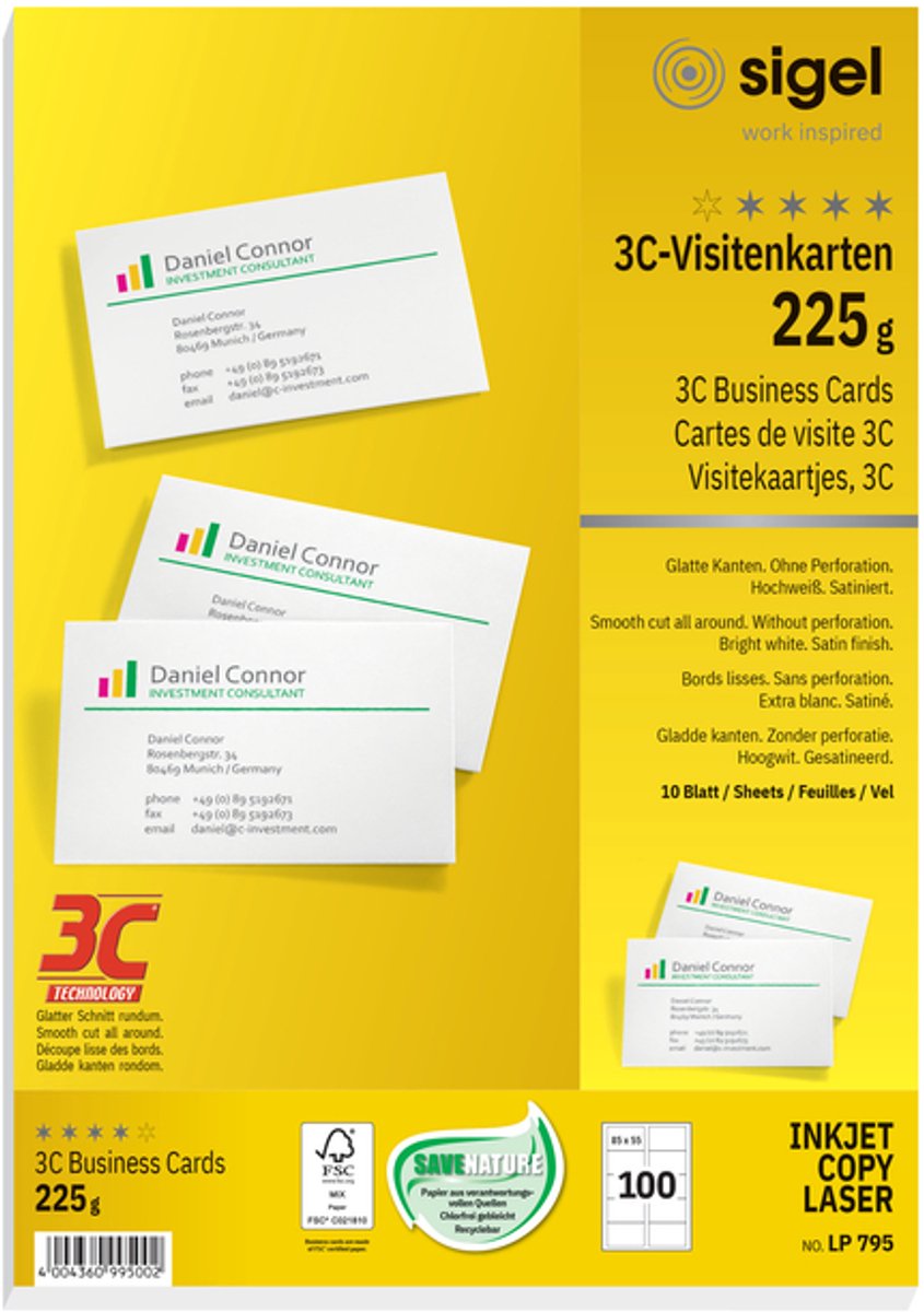 Sigel LP795 Printbare visitkort, glatte kanter 85 x 55 mm Højhvid 100 stk Papirformat: DIN A4