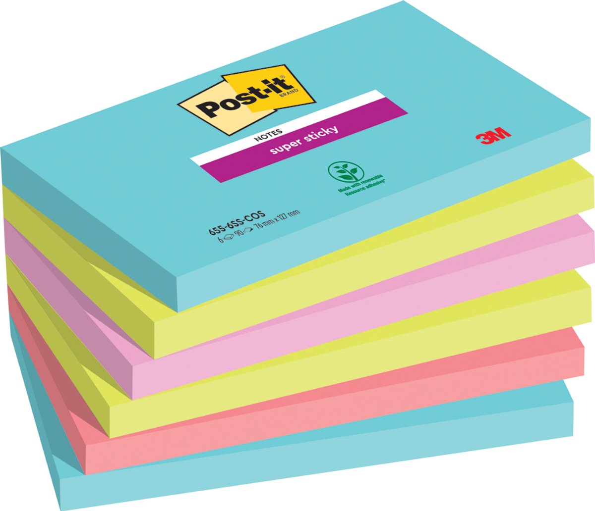 Post-it Post-It 6556SMI 127 mm x 76 mm Turkis, Neongrøn, Neonpink, Valmuerød 540 Blad