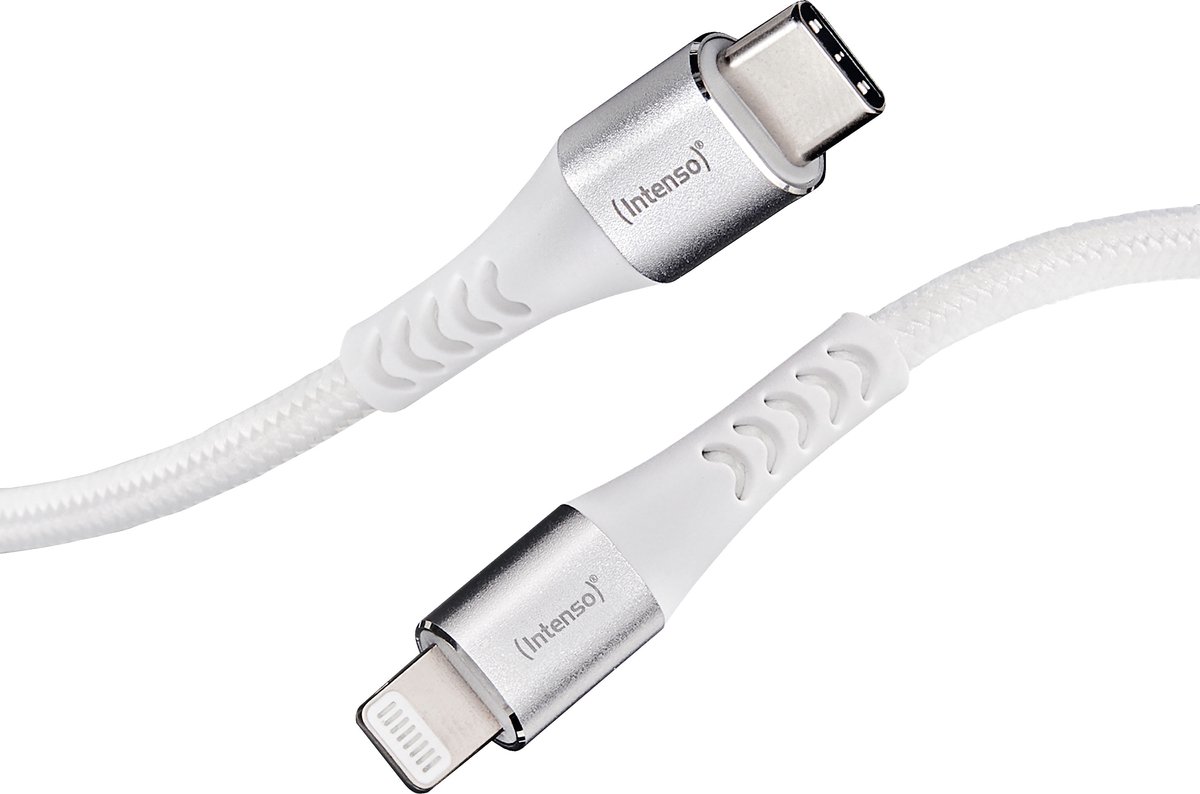 Intenso USB-kabel USB 2.0 USB-C® stik, Apple Lightning-stik 1.50 m Hvid Stof-beklædning 7902002