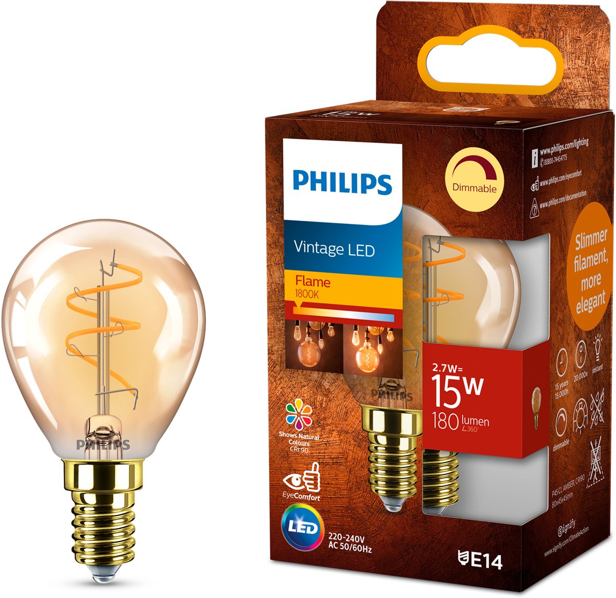 Philips 8721103048912 LED (RGB)-lamp E14 Spiralform 2.7 W = 15 W Bernstein 1 stk