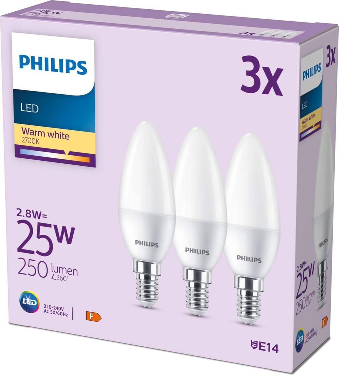 Philips 8719514460034 LED (RGB)-lamp EEK F (A - G) E14 Lysform 2.8 W = 25 W Varmhvid 3 stk