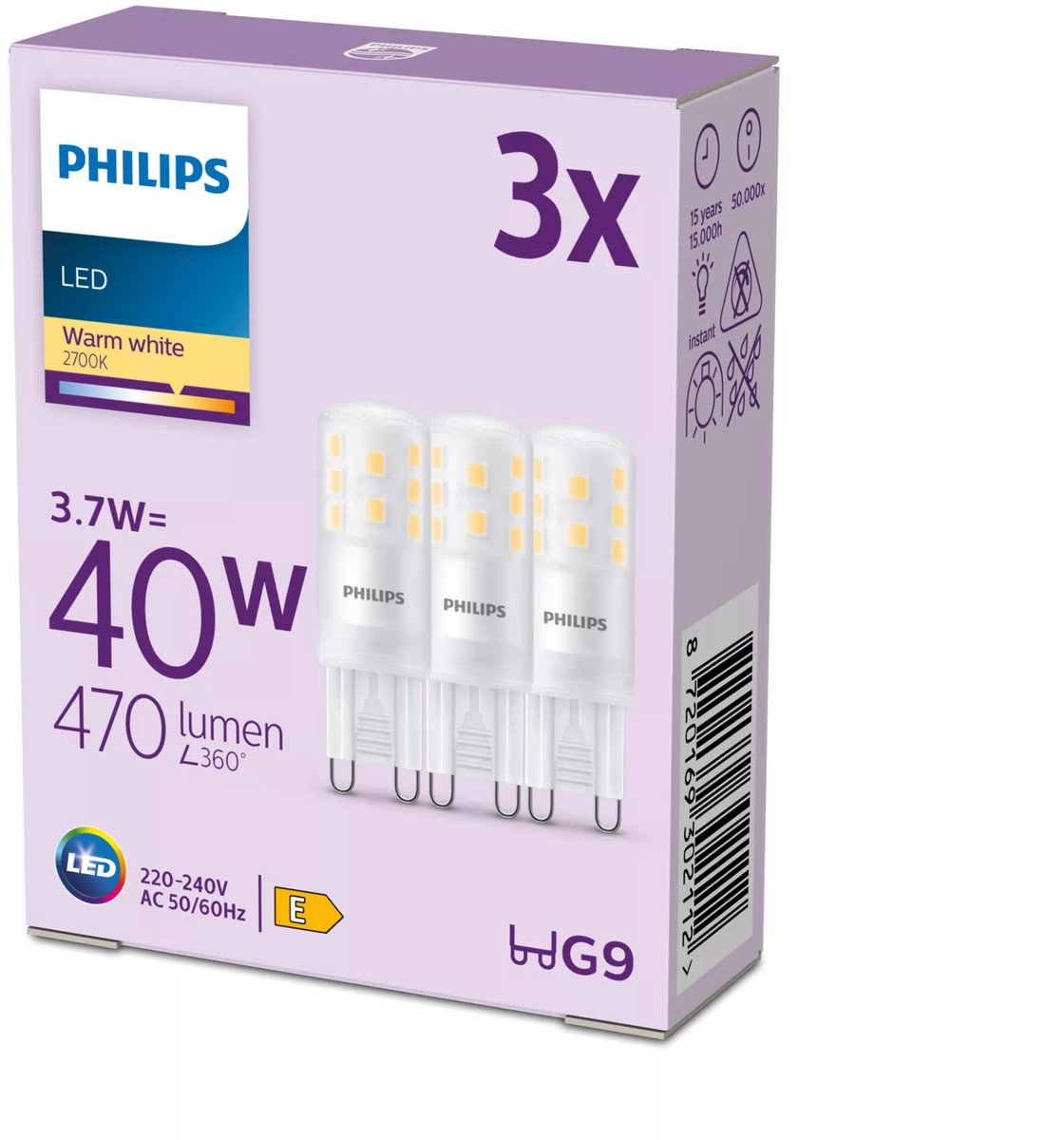 Philips 8720169302112 LED (RGB)-lamp EEK E (A - G) G9 3.7 W = 40 W Varmhvid 3 stk
