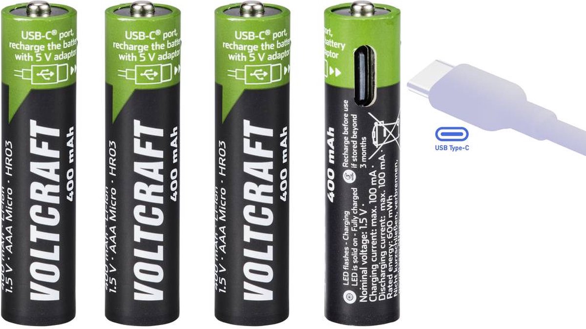 VOLTCRAFT VC-AAA400USB USB-C®-batteri Litium 400 mAh 1.5 V 4 stk