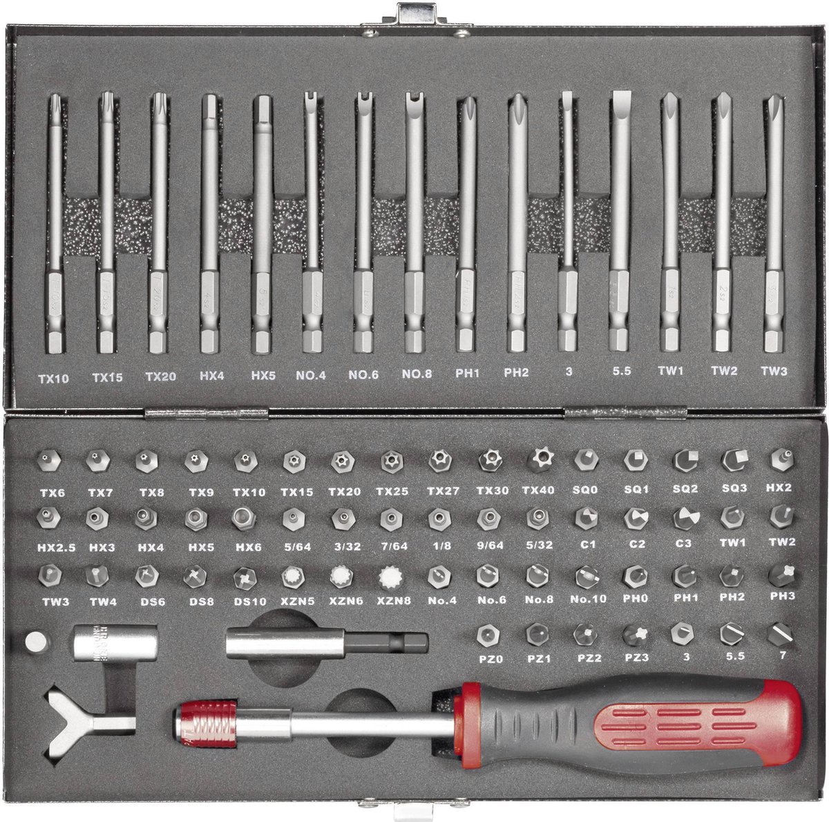 TOOLCRAFT HT02183 820952 Bitsæt 75 dele Kærv, Unbrako, Clutch, Tri-Wing, TORQ, Multitand (XZN), Krydskærv Pozidriv, Krydskærv Phillips, T-profil
