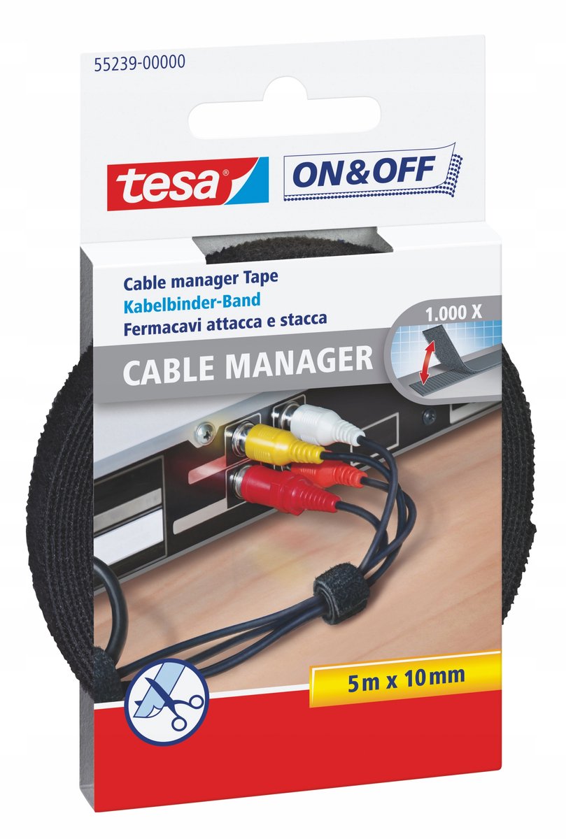 TESA On & Off 55239-00-00 Burrebåndkabelbinder til samling Burrebånd statisk loop del (L x B x H) 5000 mm x 10 mm x 5 m Sort 1 stk