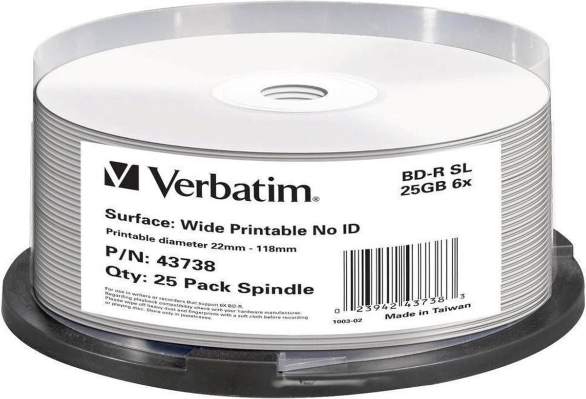 Verbatim 43738 Blu-ray BD-R disc 25 GB 25 stk Spindel Kan forsynes med print
