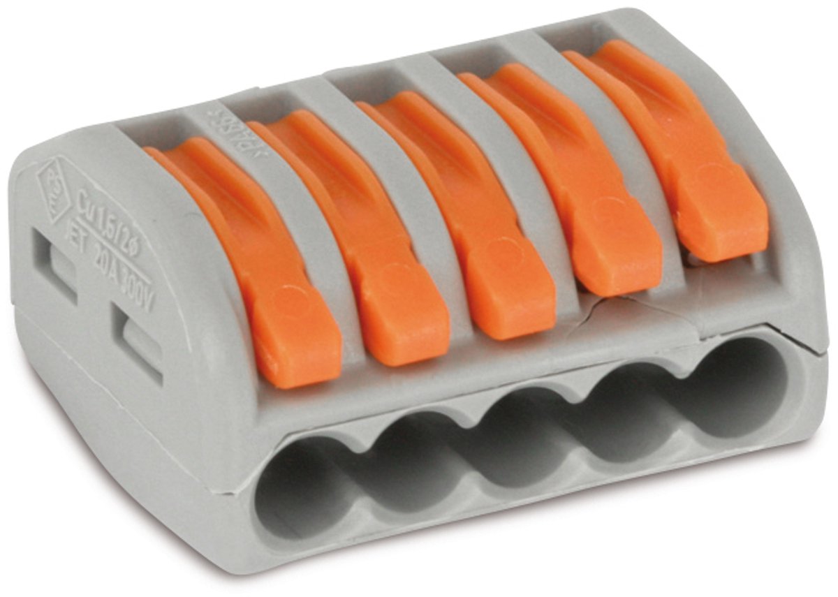 WAGO 222-415-40 222 Forbindelsesklemme fleksibel: 0.08-4 mm² stift: 0.08-2.5 mm² Poltal: 5 40 stk Grå, Orange Box