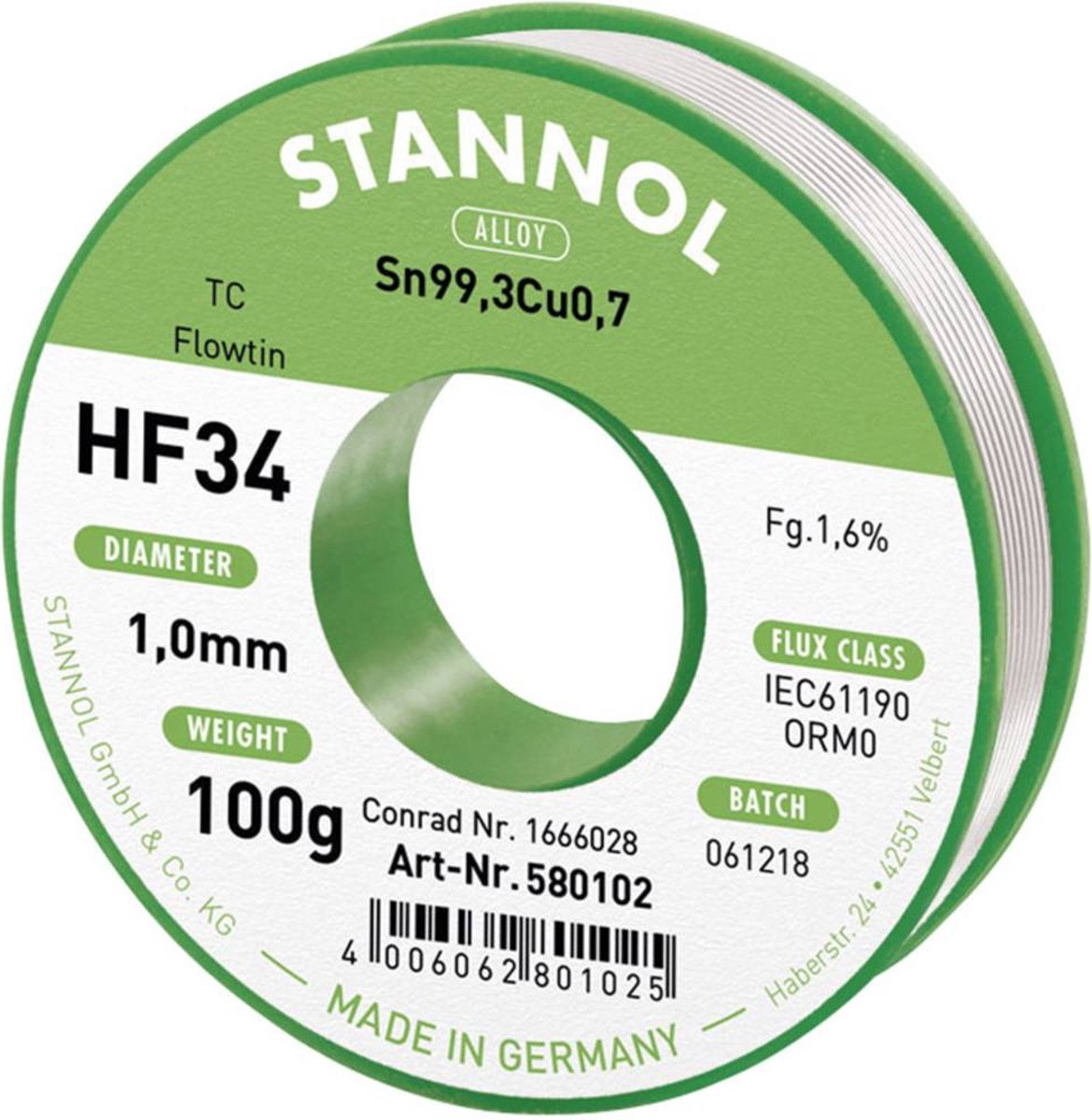 Stannol HF34 1,6% 1,0MM FLOWTIN TC CD 100G Loddetin, blyfri Spole, Blyfri Sn99,3Cu0,7 ORM0 100 g 1 mm