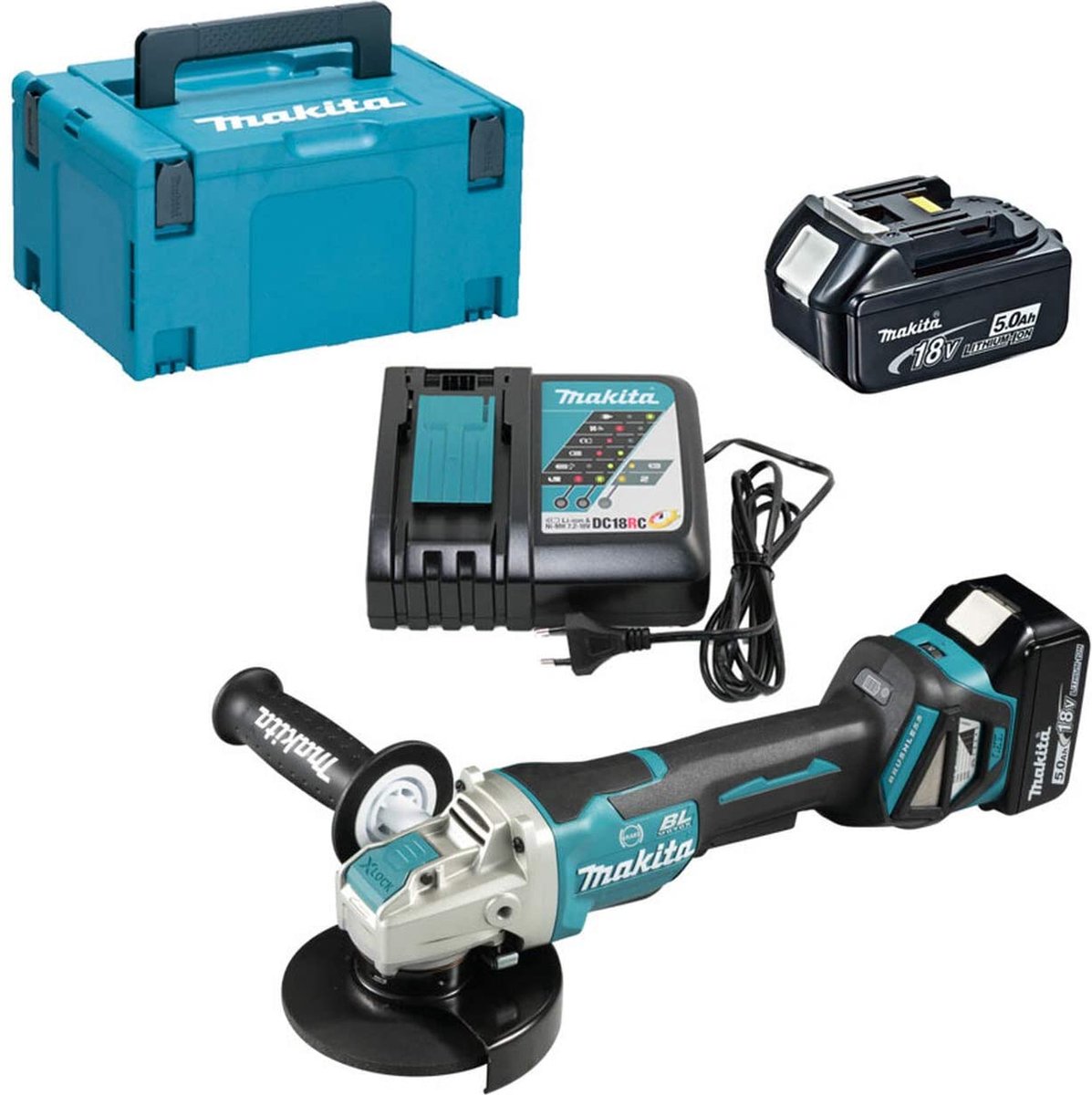 Makita DGA519RTJ DGA519RTJ Batteri-vinkelsliber 125 mm inkl. ekstra batteri, Inkl. oplader 18 V 5 Ah