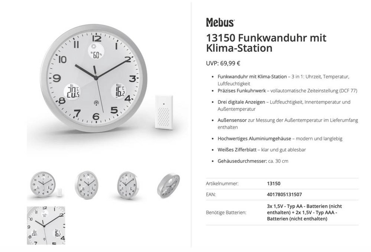 Mebus 13150 Radio Trådløst ur 30 cm Aluminium