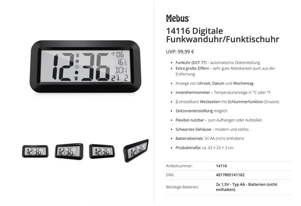 Mebus 14116 Radio Trådløst ur 42 cm x 20 cm x 3 cm Sort Stort display