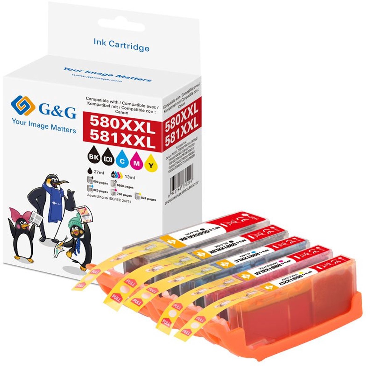 G&G Blæk Kompatibel Sort, Sort, Cyan, Magenta, Gul GP-C580XXLPGBK/581XXLBKCMY-5P